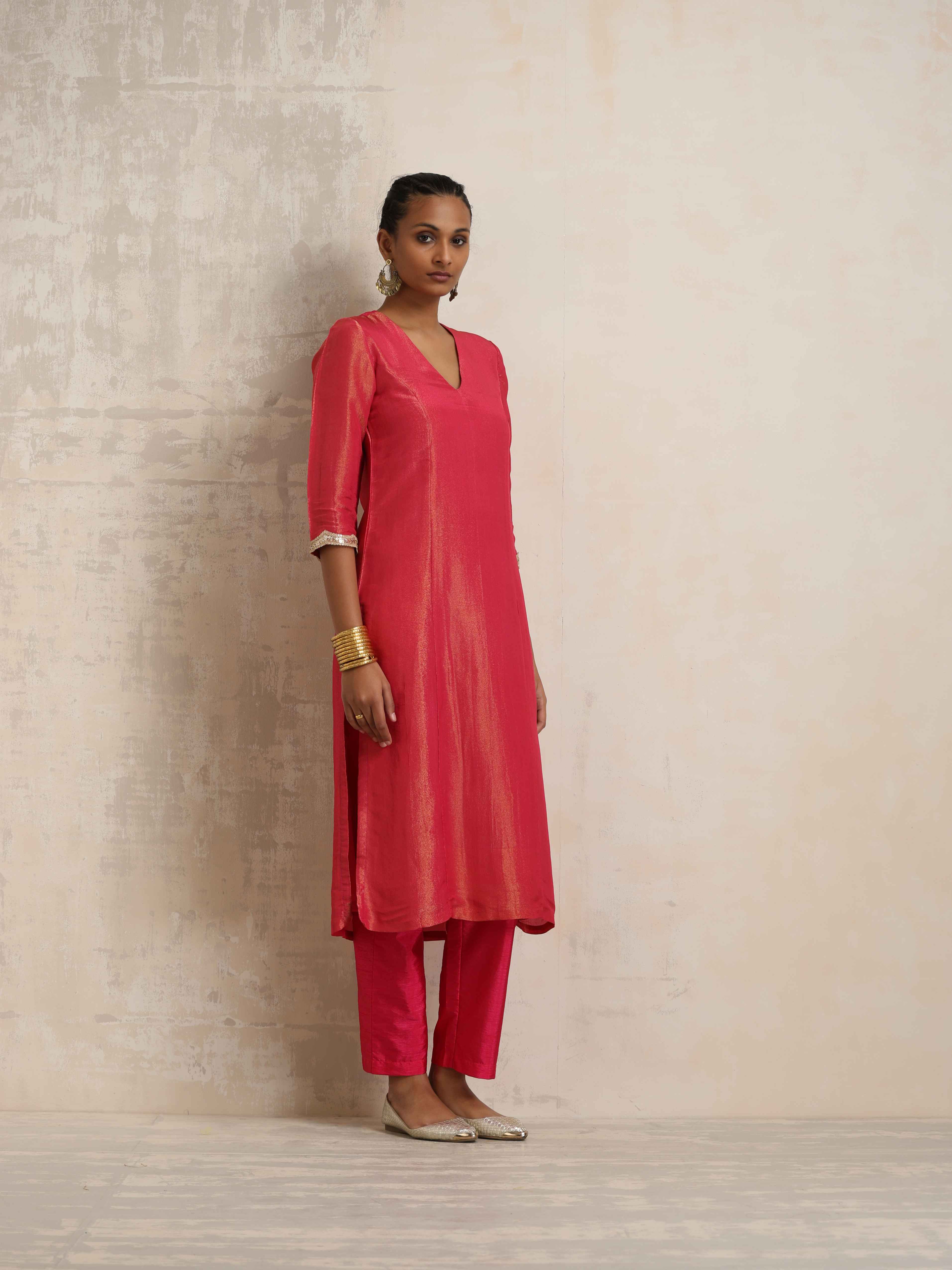trueBrowns Hot Pink Tissue Straight Kurta Set - Distacart