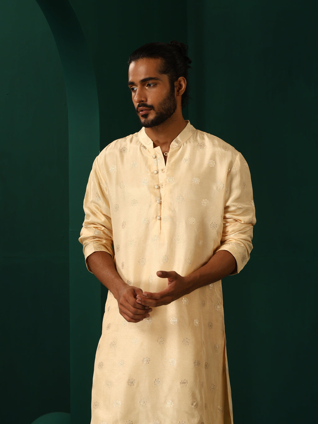 trueBrowns Men's Ivory Geometric Floral Viscose Silk Long Kurta