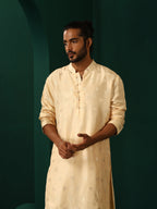 trueBrowns Men's Ivory Geometric Floral Viscose Silk Long Kurta