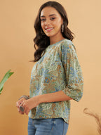 InWeave Women's Dull Green Leaf Floral Print Top