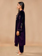 trueBrowns Wine Velvet Embroidered Kurta Set - Distacart