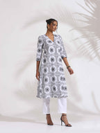 trueBrowns White Cotton Geometric Print Angrakha Kurta Set - Distacart
