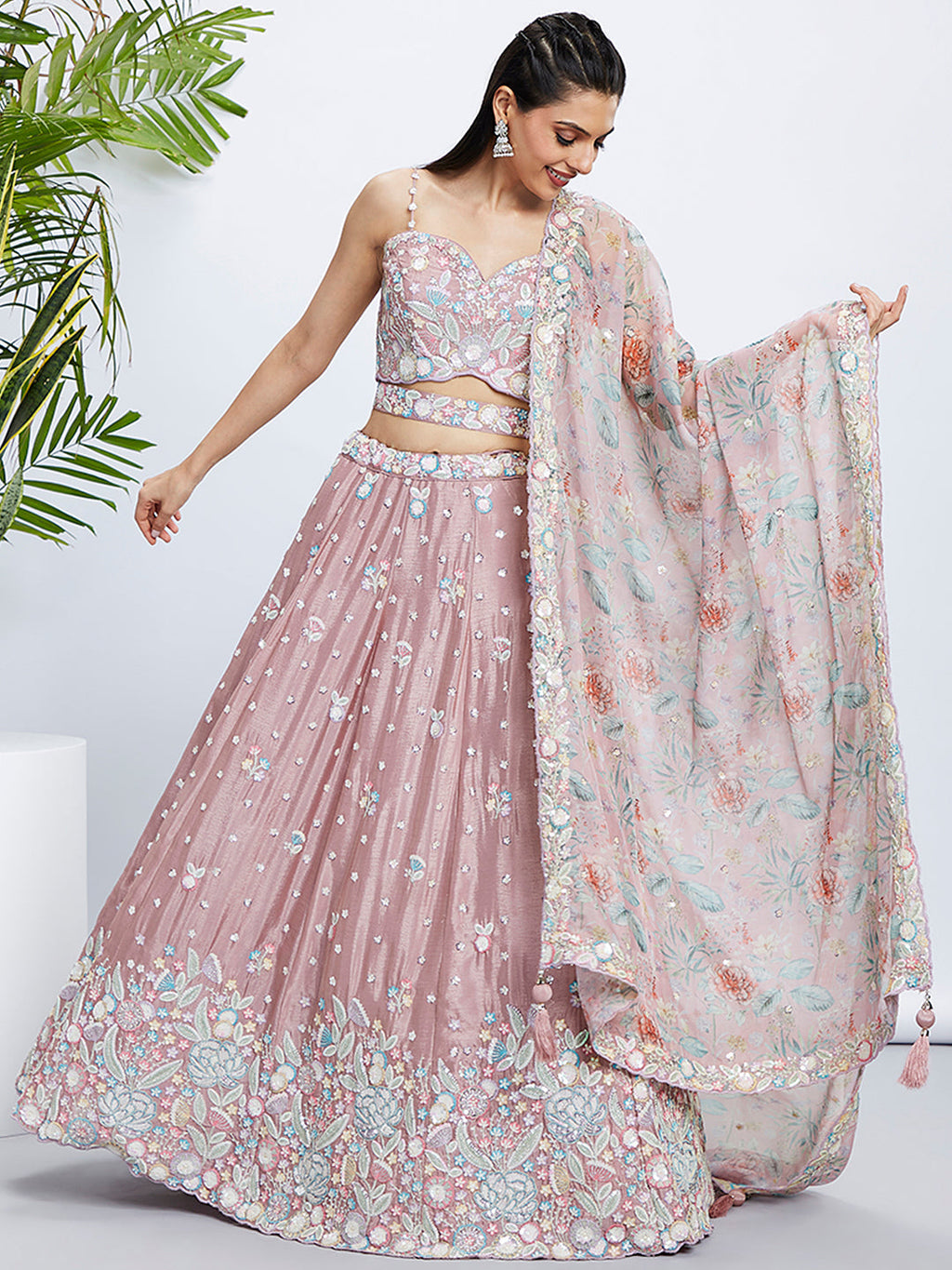 House of Panchhi Green Chiffon Position Print With Sequins Embroidery Lehenga Choli & Dupatta