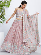 House of Panchhi Green Chiffon Position Print With Sequins Embroidery Lehenga Choli & Dupatta