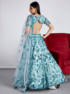 House of Panchhi Turquoise Blue Net Sequins, Mirror And Thread Embroidery Lehenga Choli & Dupatta