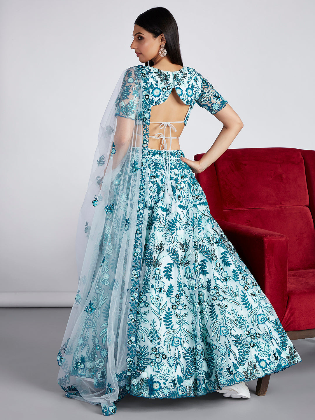 House of Panchhi Turquoise Blue Net Sequins, Mirror And Thread Embroidery Lehenga Choli & Dupatta