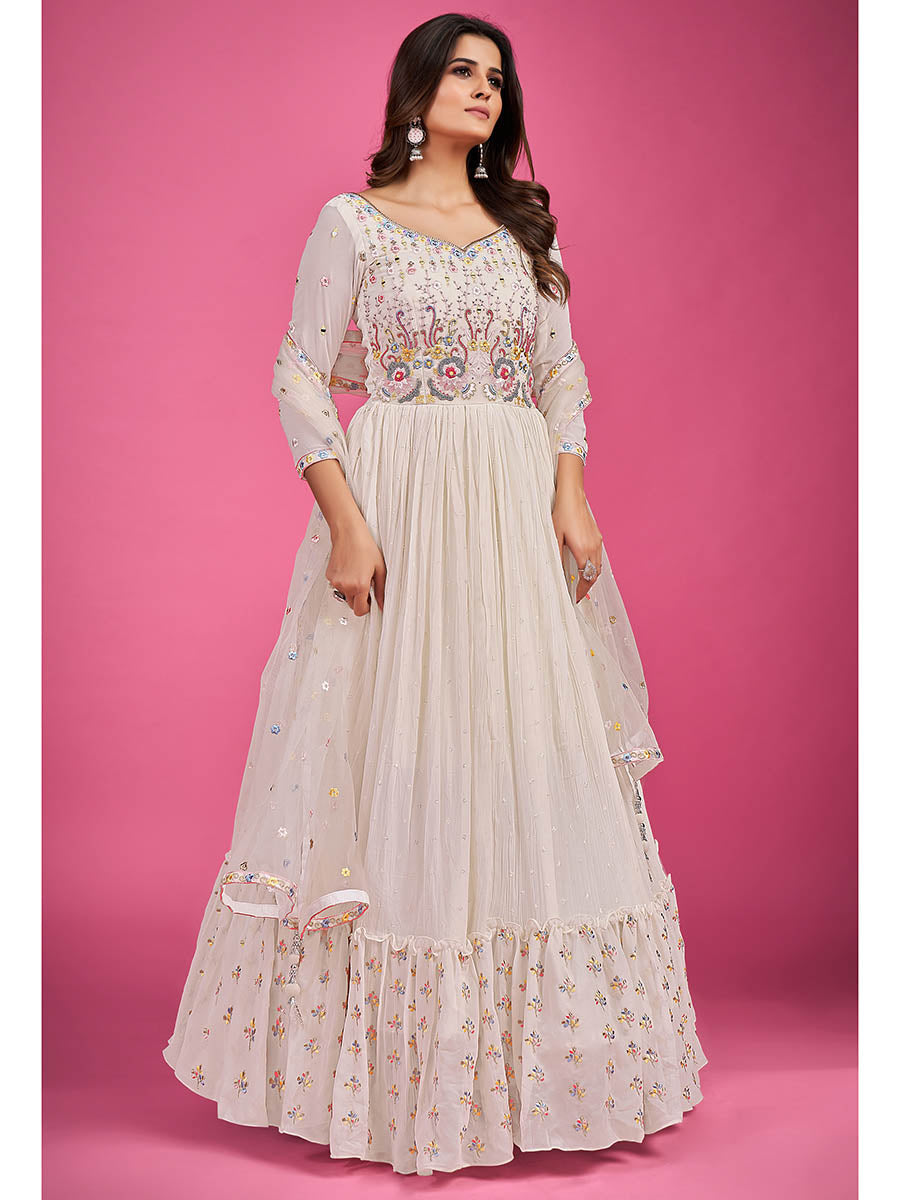 Myra White Pure Georgette Embroidered Gown - Distacart