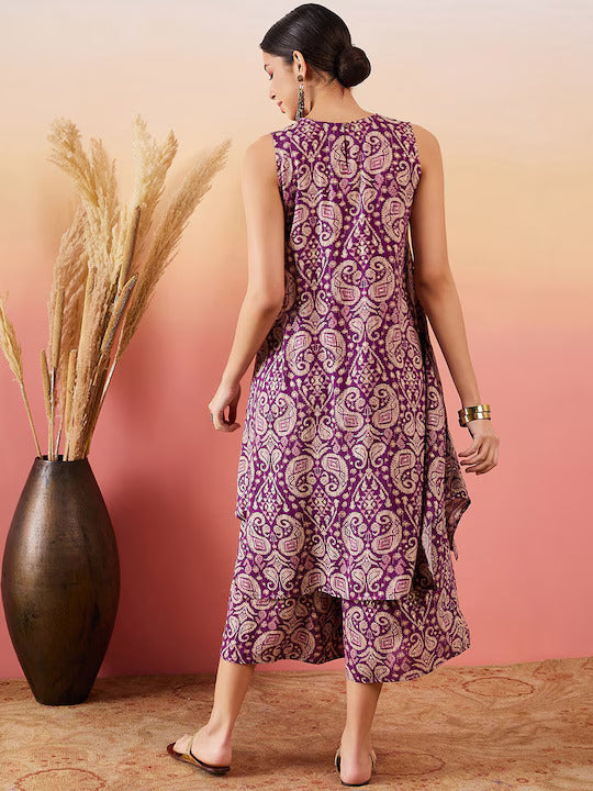 InWeave Dusty Mauve Paisley Round Neck Kurta Short Palazzo Set