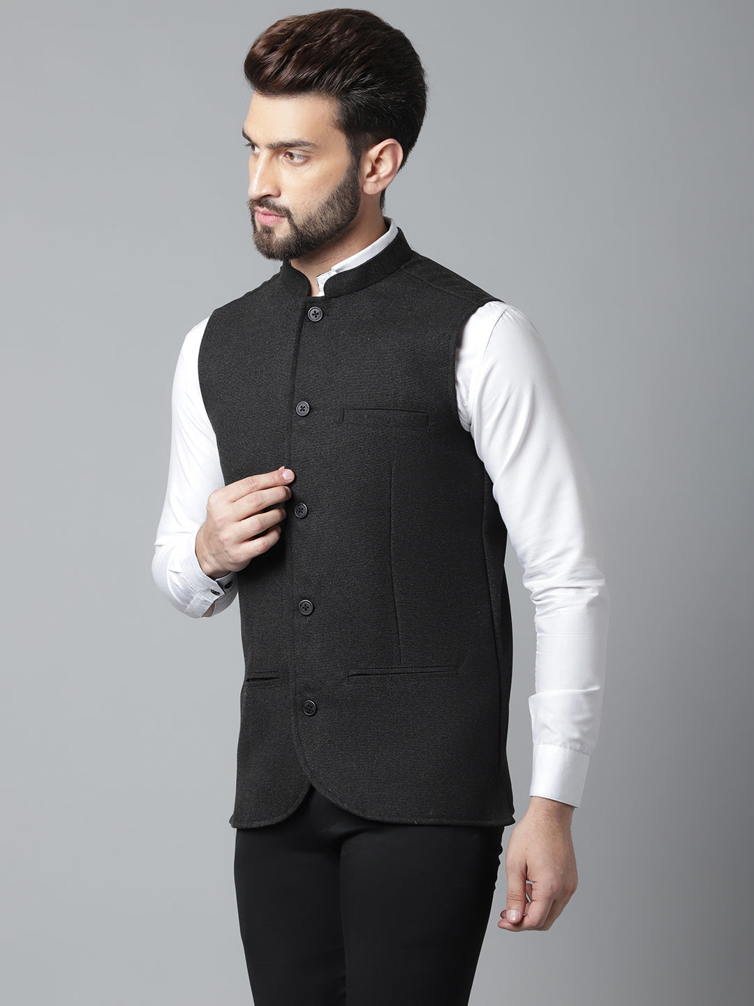 Even Apparels Men's Black Pure Wool Nehru Jacket
