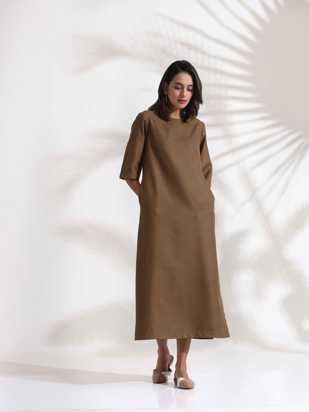 trueBrowns Brown Slub Dress - Distacart