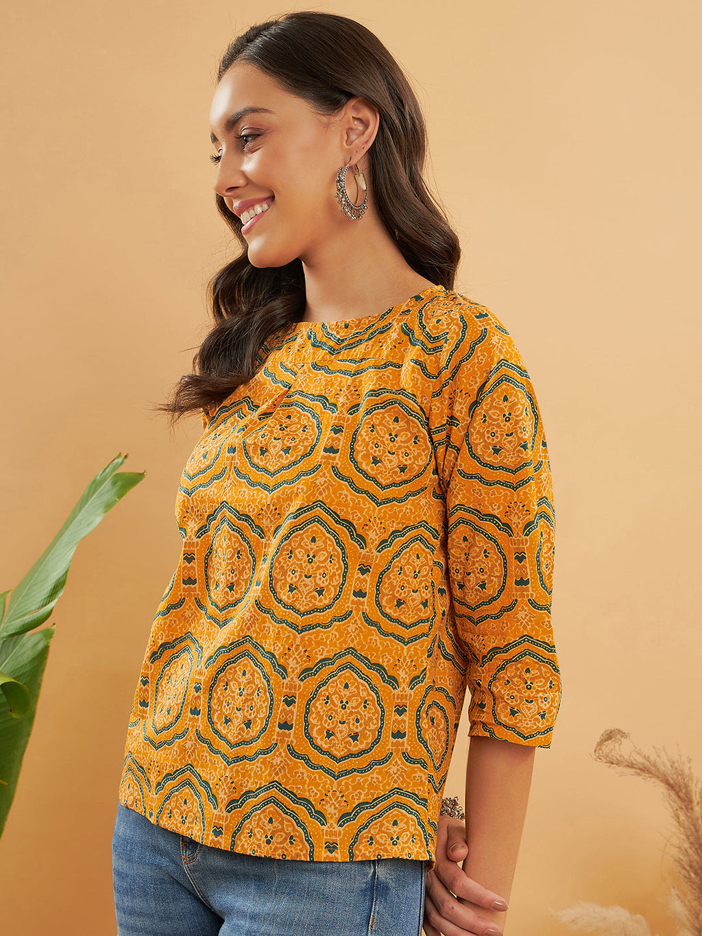 InWeave Women's Haldi Yellow Mughal Kalamkari Top