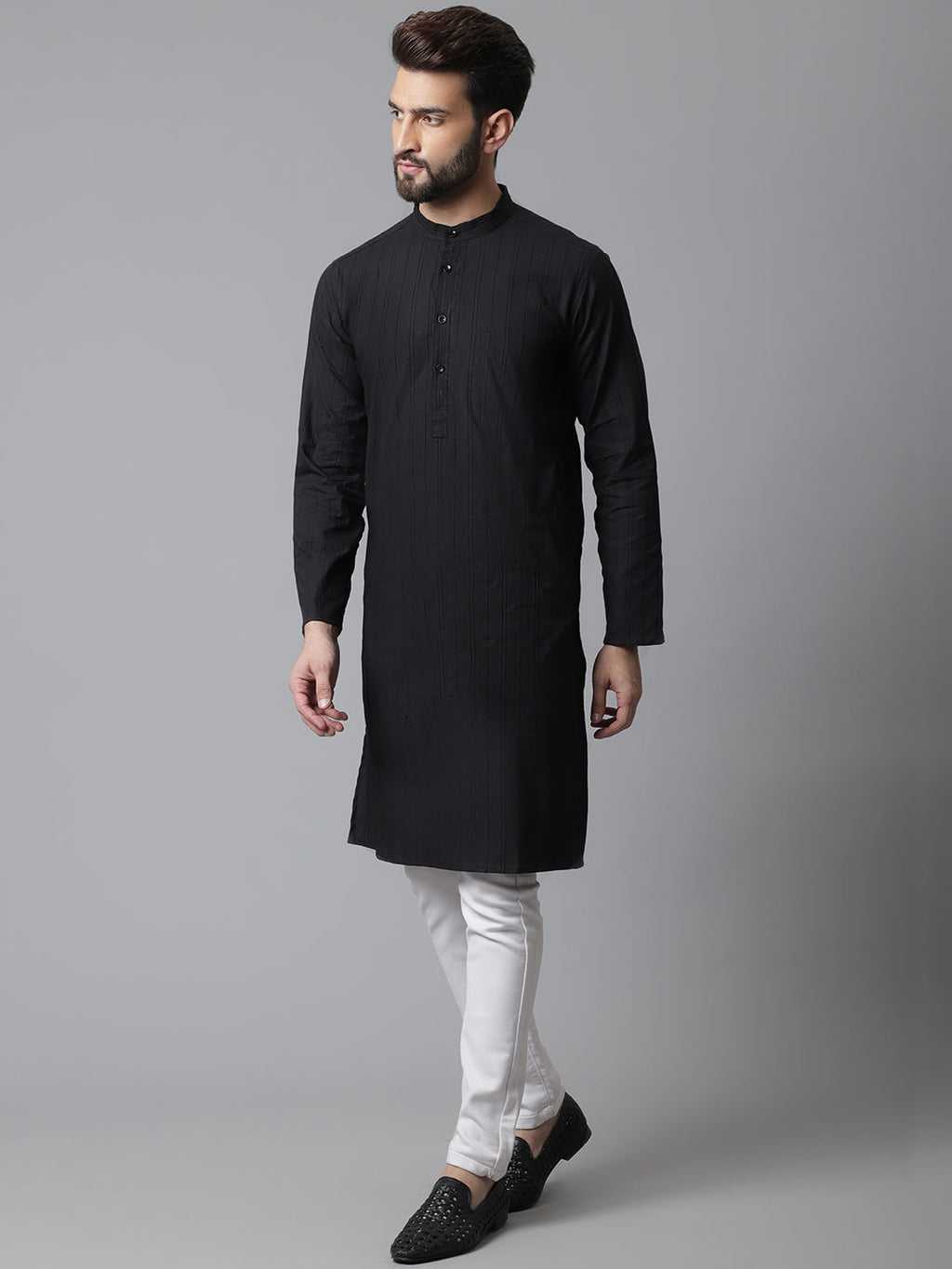Even Apparels Black Striped Kurta With Band Collar - Distacart