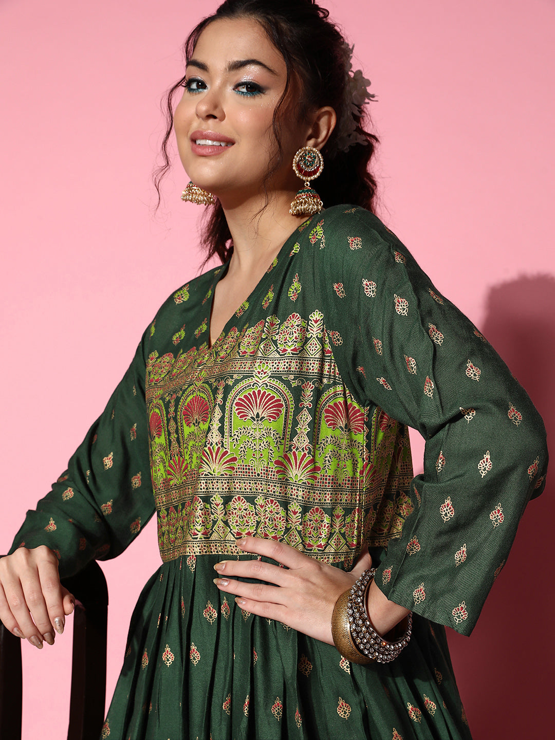 InWeave Women's Bottle Green Gold Border Anarkali Kurta - Distacart