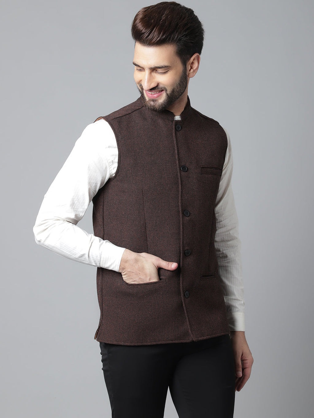Even Apparels Men's Brown Nehru Jacket With Welt Pockets