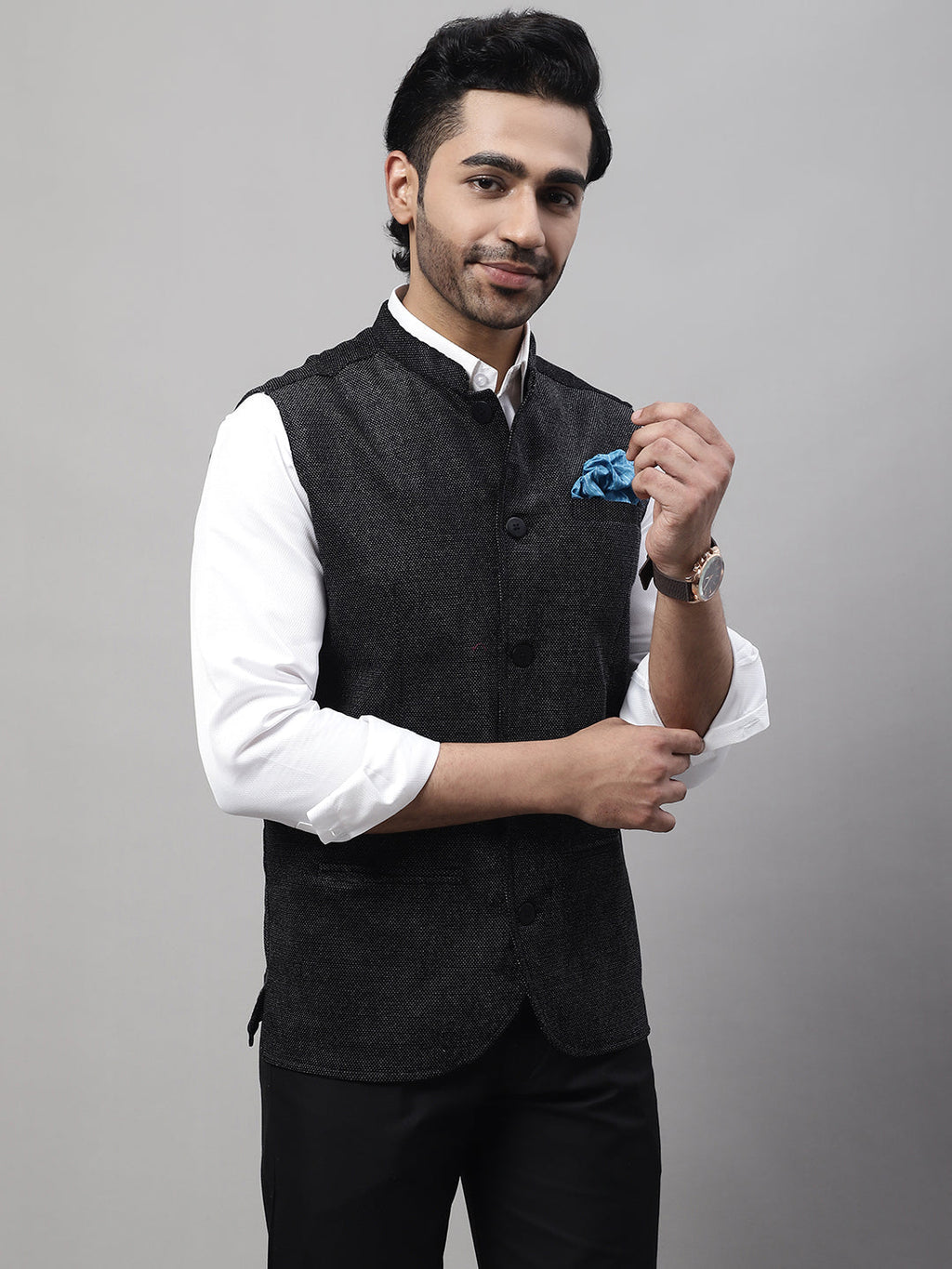 Even Apparels Men's Black Nehru Jacket With Welt Pockets