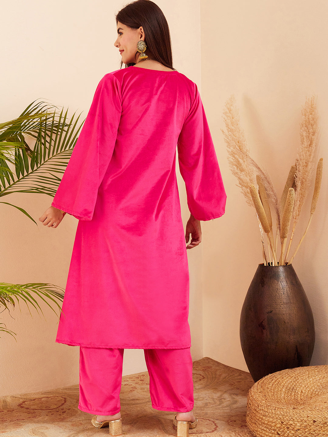 InWeave Women's Magenta V Neck Asymmetrical Pleated Velvet Kurta Set