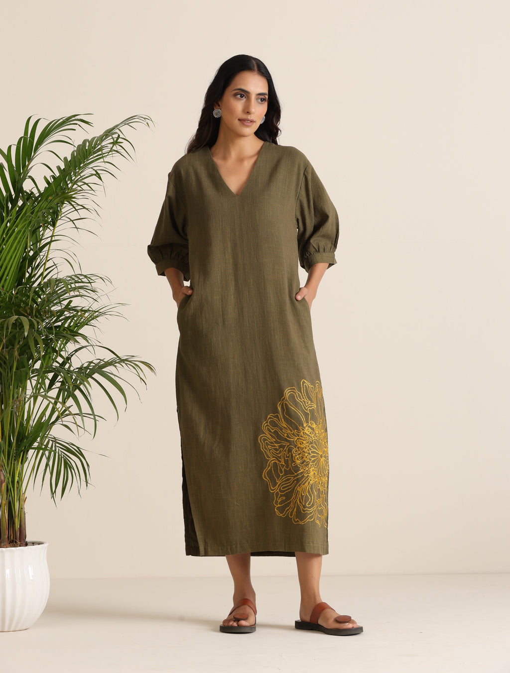 trueBrowns Olive Cotton Embroidered Dress - Distacart