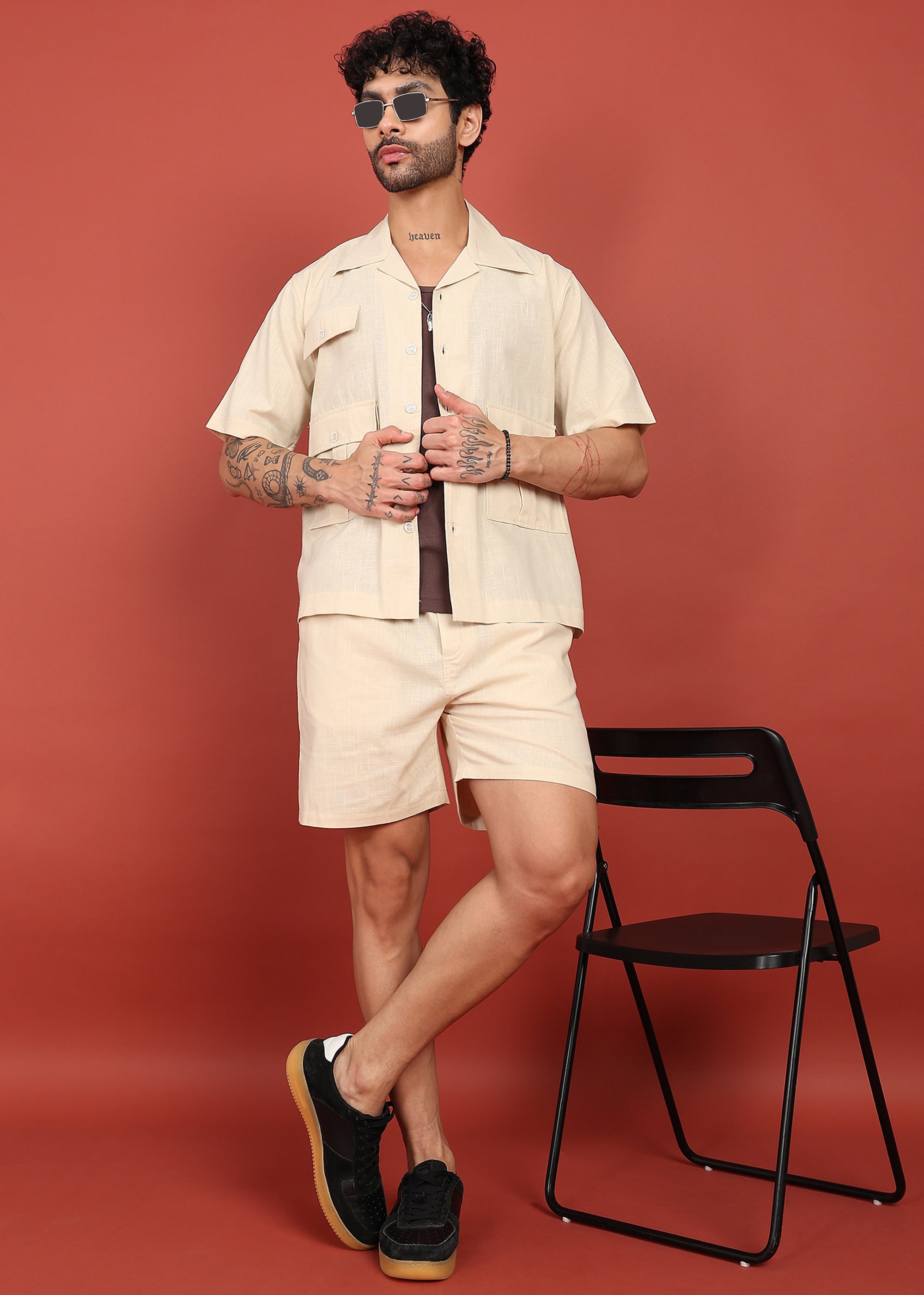 Fabmade Men Beige Cotton Linen Coort-Set Shorts