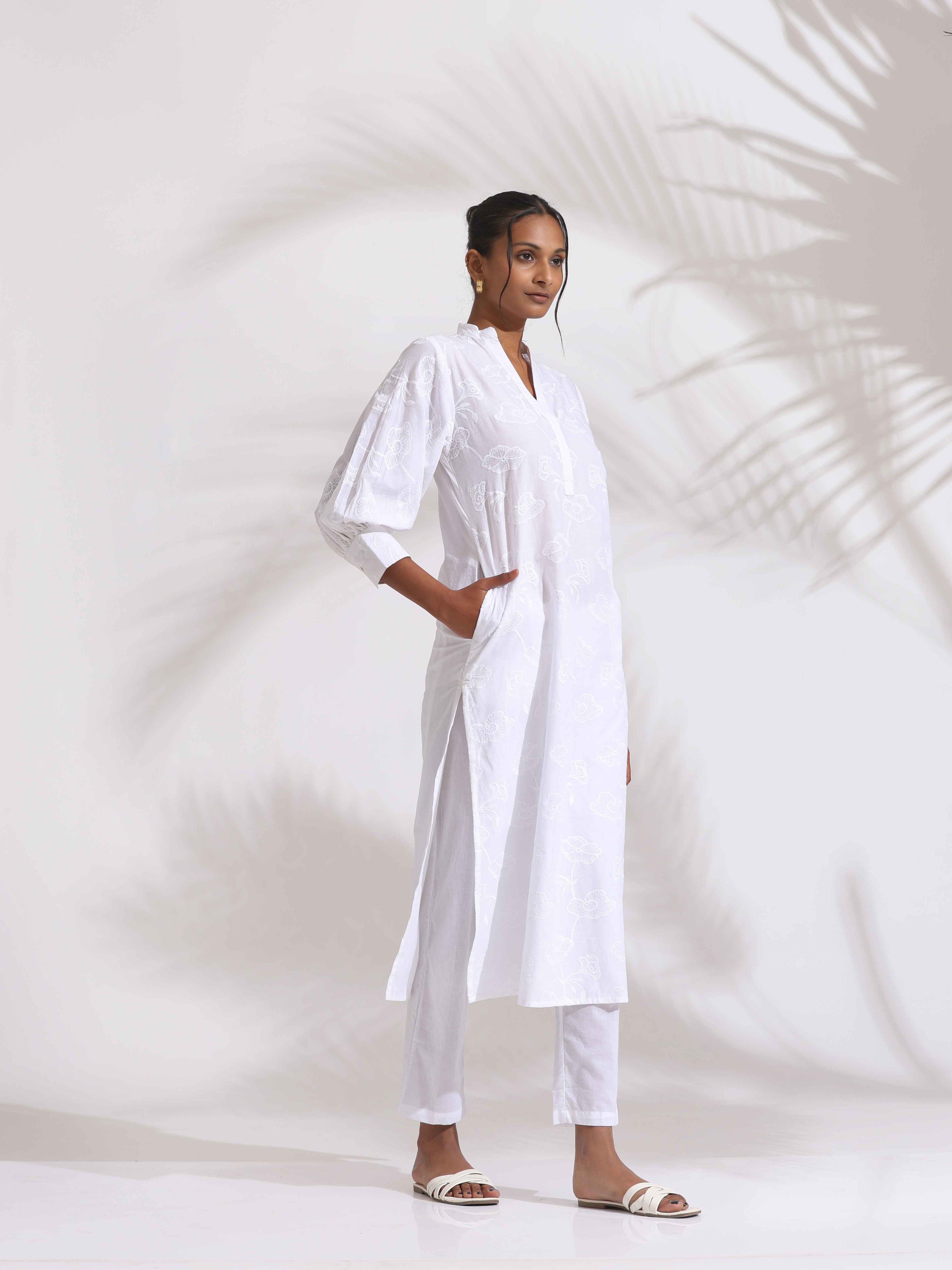 trueBrowns trueBrown White Cotton Schiffli Kurta Set - Distacart