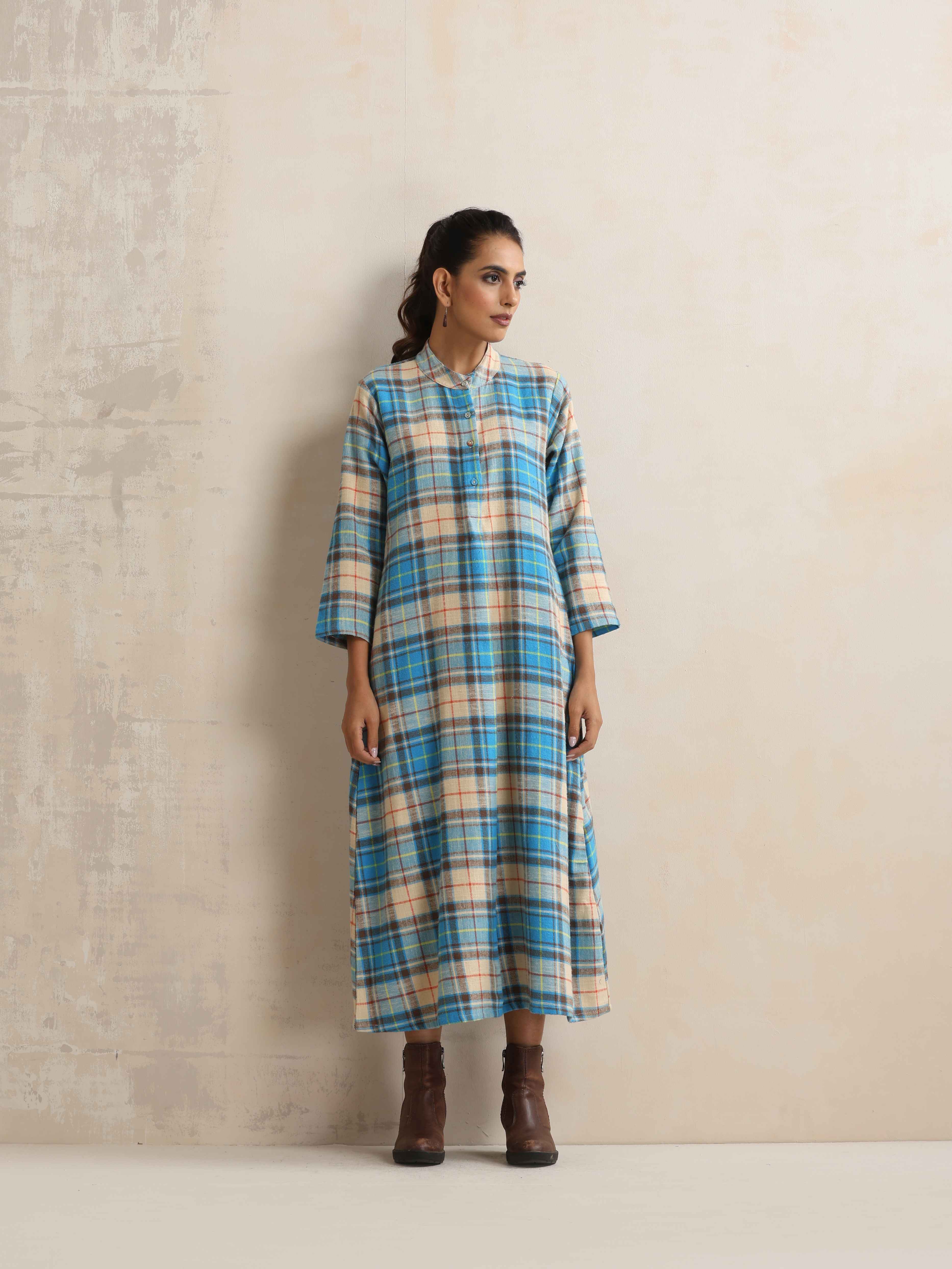 trueBrowns Beige Check Flared Winter Dress - Distacart