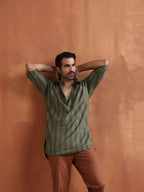 trueBrowns Men's Olive Green Cotton Dobby Short Kurta