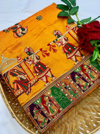 Lorenvalley Fashion Premium Yellow Vichitra Silk Embroidery and Diamond work Both Side Saree