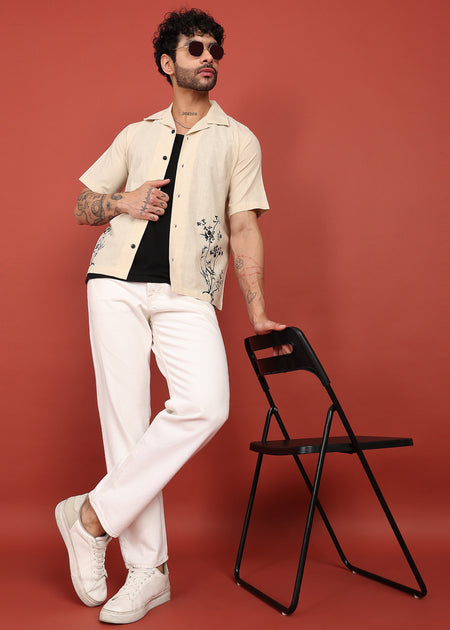 Fabmade Beige Bloom Embroidered Resort Shirt