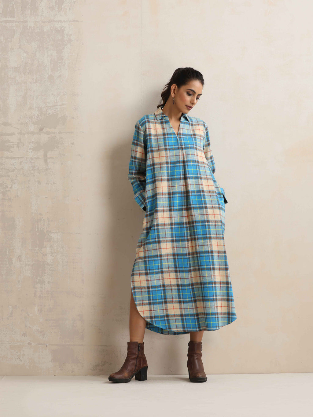 trueBrowns Beige Check Pleated Winter Dress - Distacart