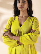 trueBrowns Lime Cotton Dobby Flared Dress - Distacart