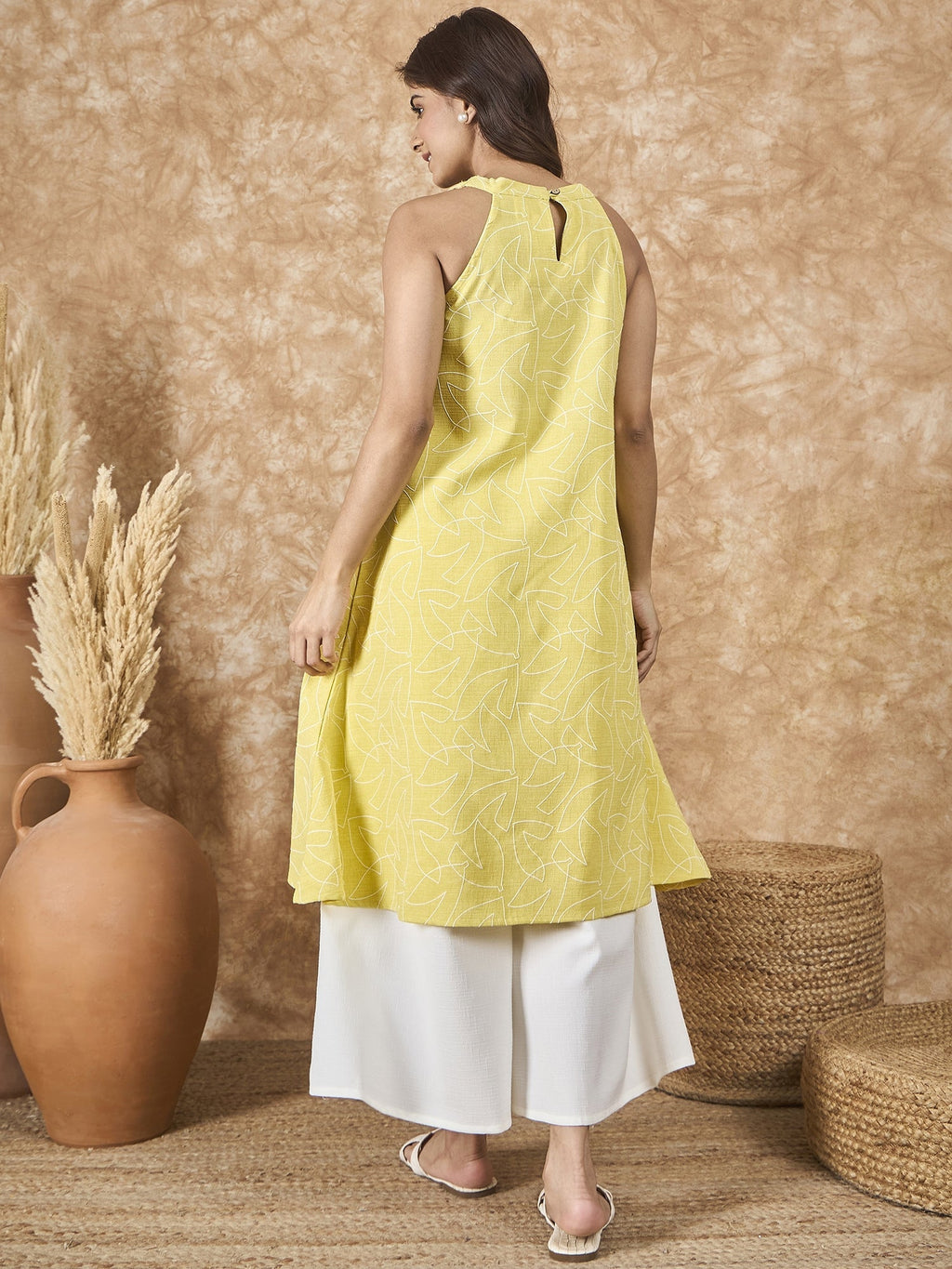 InWeave Light Yellow V Neck Aline Kurta Set