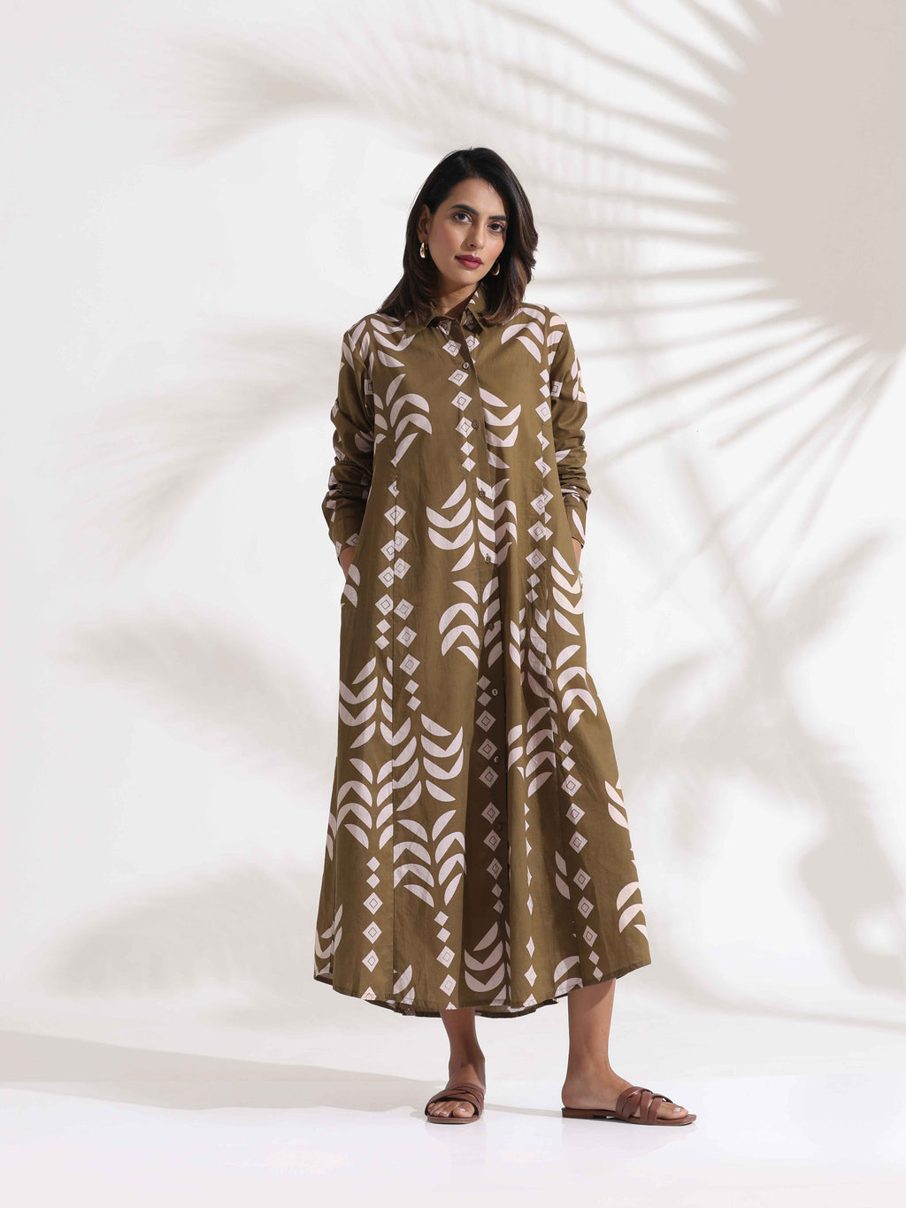 trueBrowns Olive Green Cotton Print Shirt Dress - Distacart