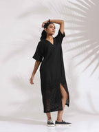 trueBrowns Black Cotton Schiffli Slit Dress - Distacart