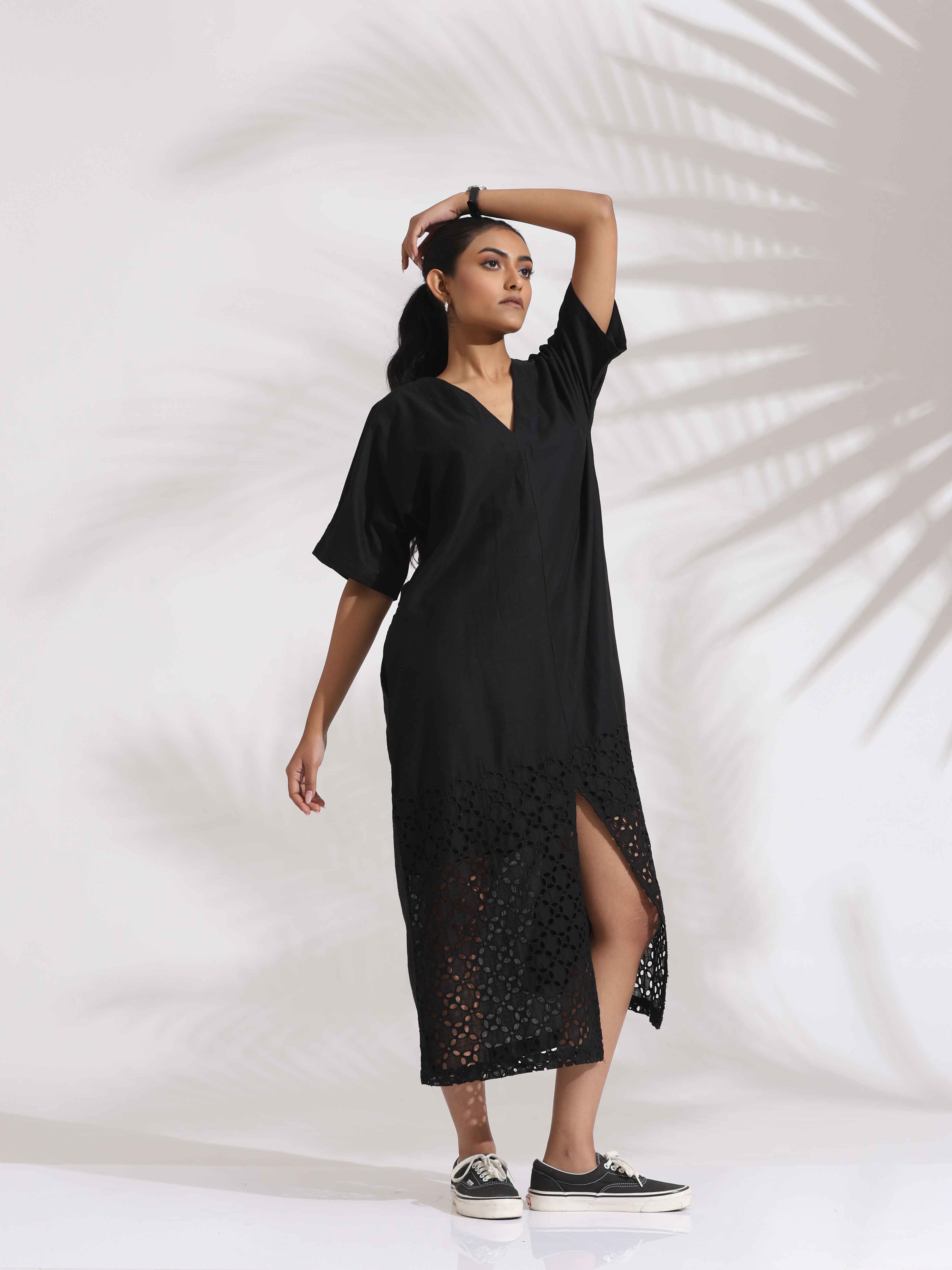 trueBrowns Black Cotton Schiffli Slit Dress - Distacart