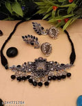 Tehzeeb Creations Women's Oxidised Necklace And Earring With Black Beads And Pearl