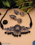 Tehzeeb Creations Women's Oxidised Necklace And Earring With Black Beads And Pearl