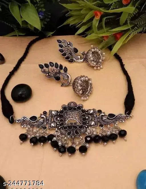 Tehzeeb Creations Women's Oxidised Necklace And Earring With Black Beads And Pearl