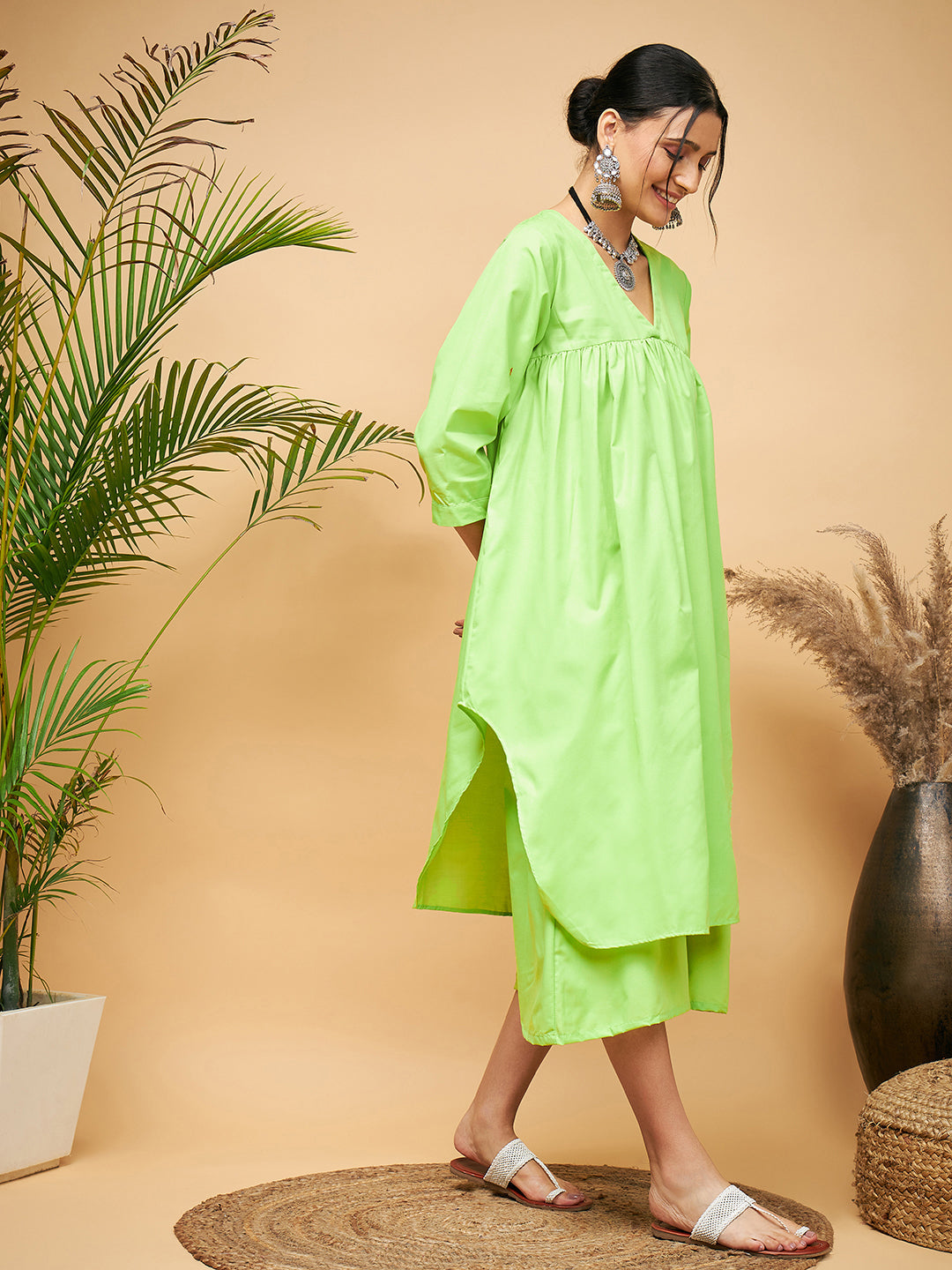 InWeave Women's Lime Green Flared Kurta Palazzo Set
