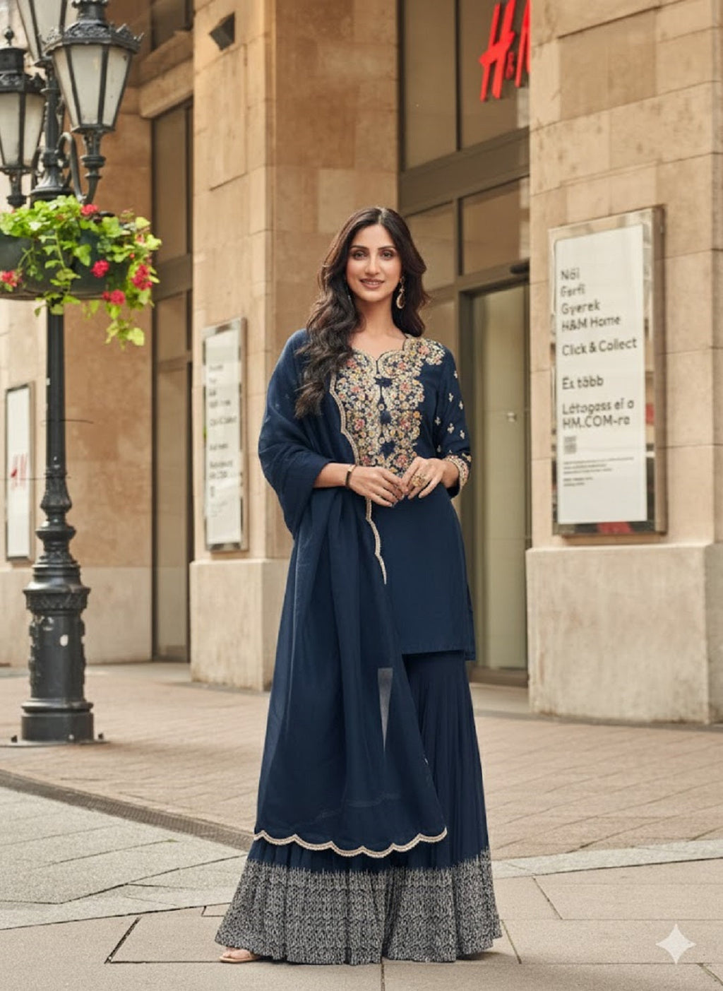 Evanik Women Navy Blue Floral Embroidered Kurta Sharara Dupatta Set - Distacart