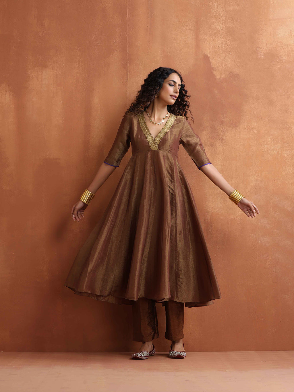 trueBrowns Bronze Tissue Flared Anarkali Kurta Set - Distacart