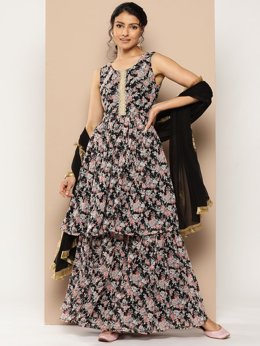 KSUT (House of Varanga) Black Printed Anarkali Kurta Paired With Sharara And Plain Tonal Dupatta