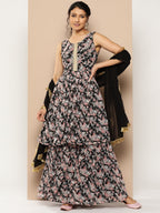 KSUT (House of Varanga) Black Printed Anarkali Kurta Paired With Sharara And Plain Tonal Dupatta
