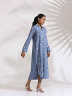 trueBrowns Blue Cotton Floral Embroidered Dress - Distacart