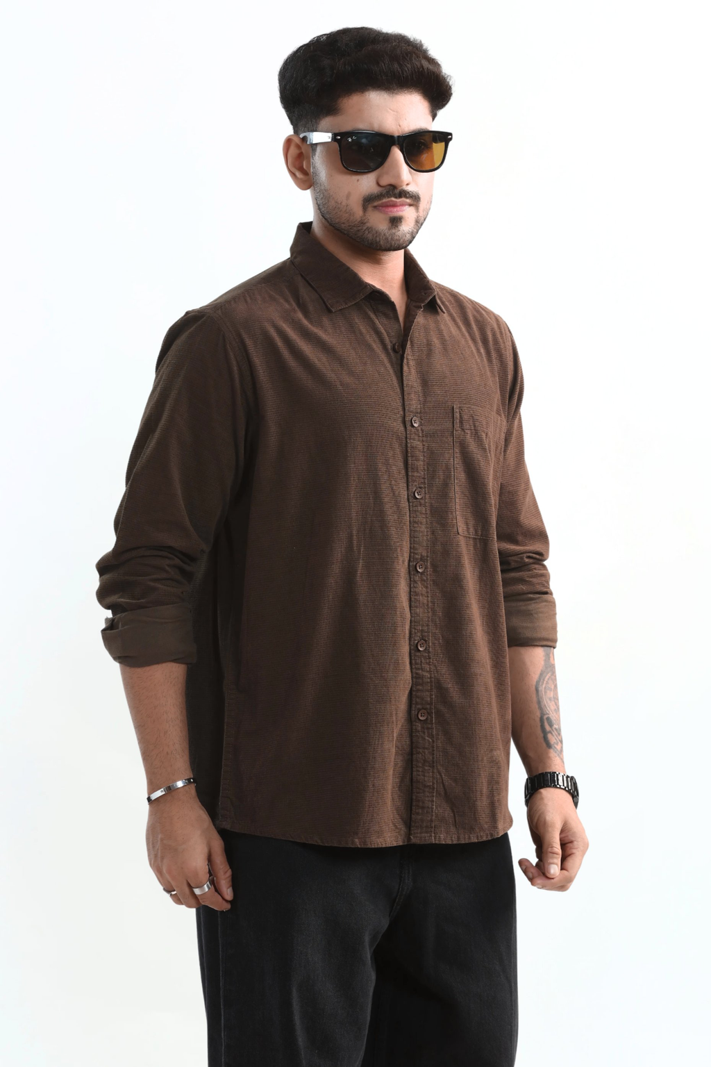 Xkind Men's Mocha Brown Fine Corduroy Regular Fit Shirt