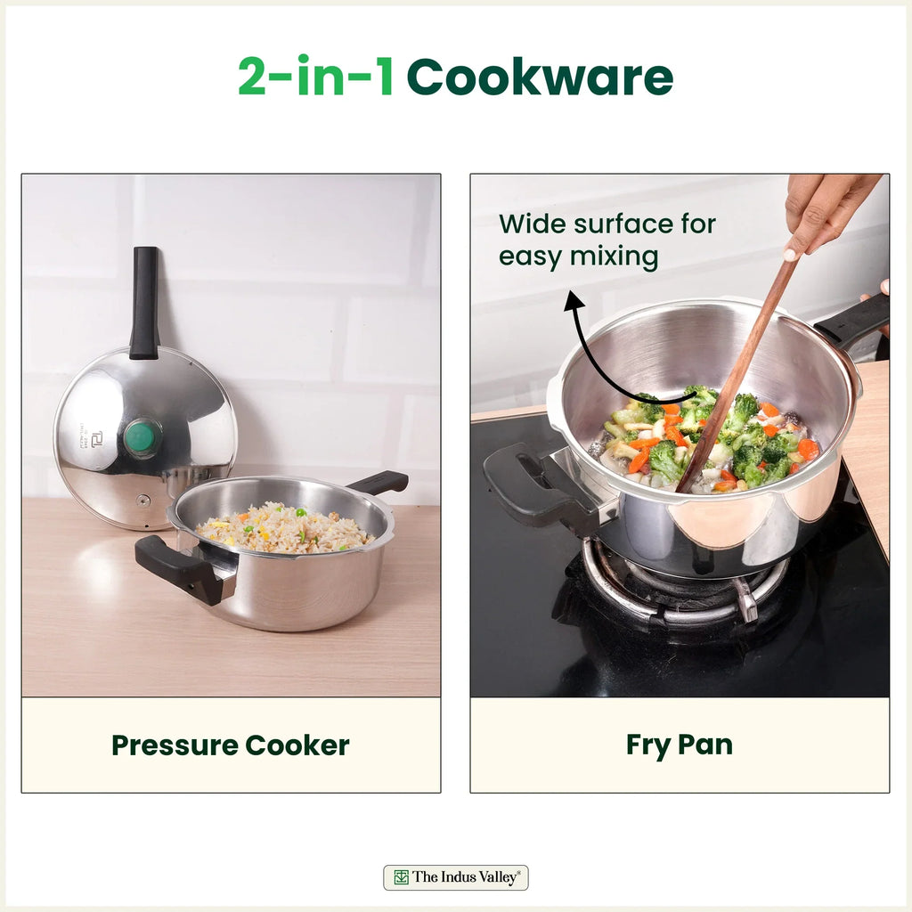 The Indus Valley Tri-ply Stainless Steel Pressure Pan, Premium Quality, 3 Layer Thick Body, Heavy Bottom, 100% Food-safe, ISI Certified, Induction & Gas, 3.5/5L