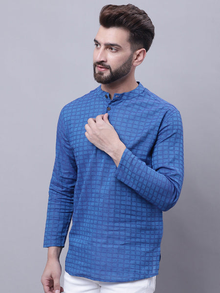 Even Apparels Blue Pure Cotton Short Kurta With Band Collar