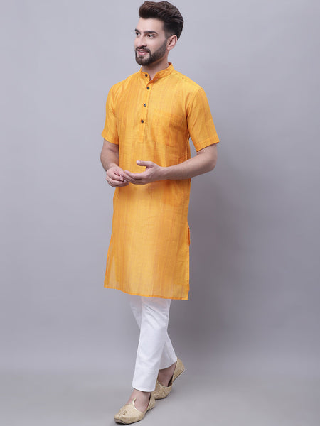Even Apparels Yellow Pure Cotton Short Sleeves Kurta With Band Collar