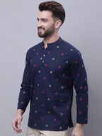 Even Apparels Blue Pure Cotton Short Kurta With Band Collar - Distacart