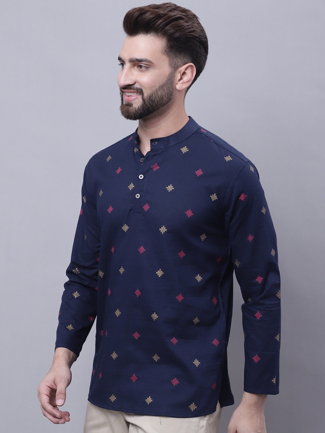 Even Apparels Blue Pure Cotton Short Kurta With Band Collar - Distacart