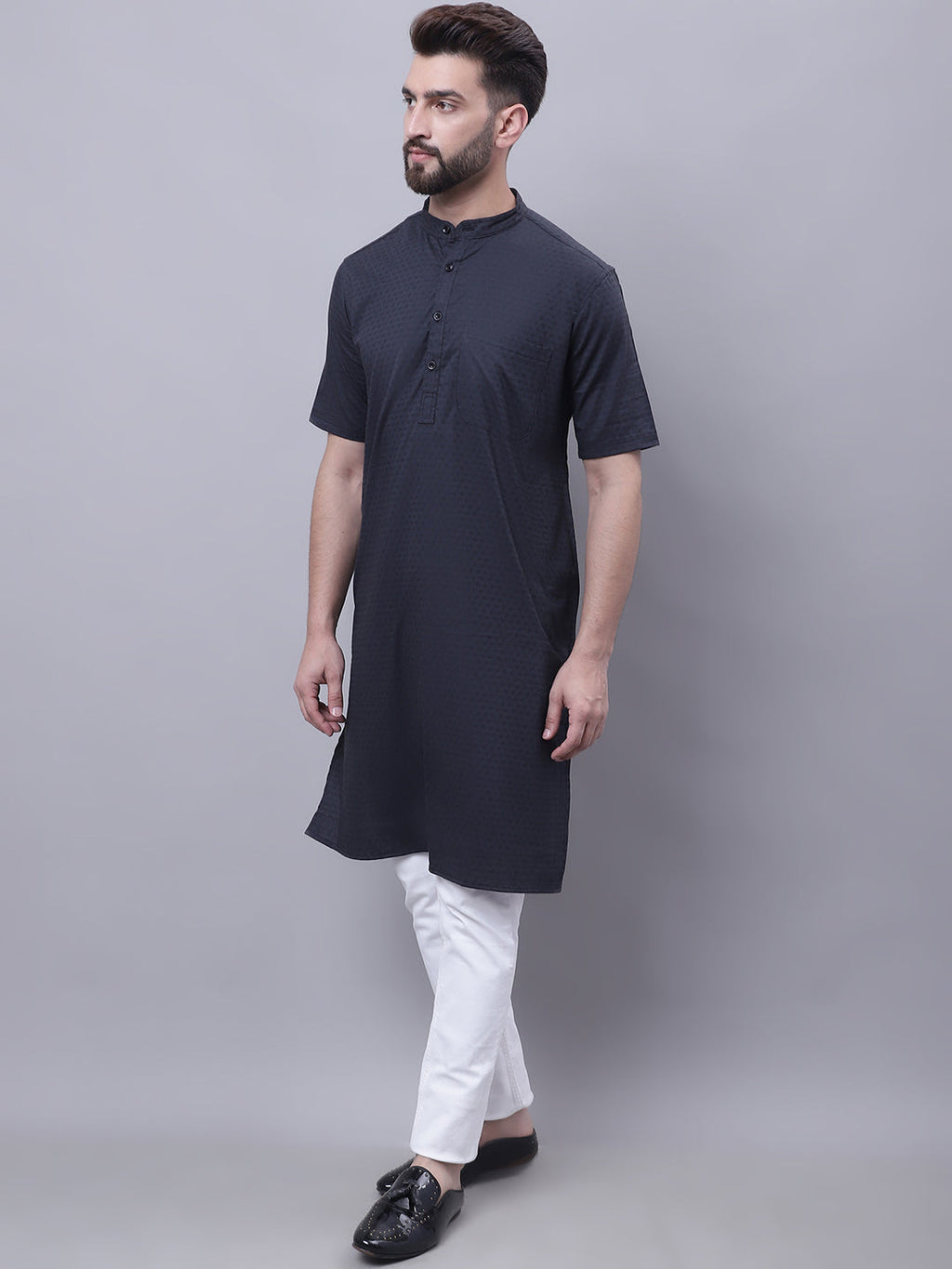 Even Apparels Black Pure Cotton Short Sleeves Kurta With Band Collar