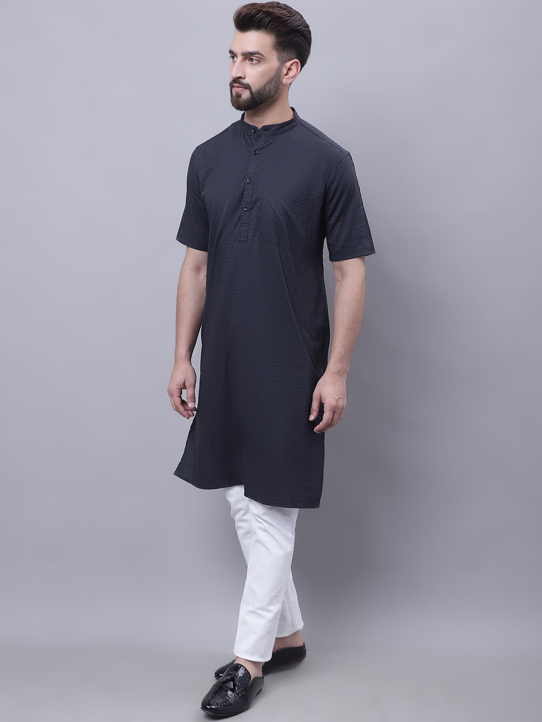 Even Apparels Black Pure Cotton Short Sleeves Kurta With Band Collar